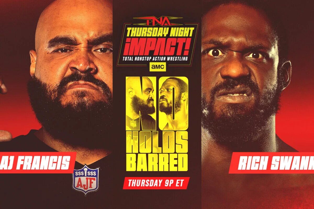 A graphic of the preview of Thursday Night iMPACT on January 29, 2026, where Rich Swann faces Aj Francis in a No Holds Barred match