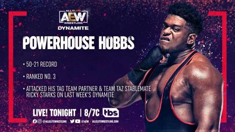 A graphic of former AEW star Powerhouse Hobbs, who's signed with WWE.