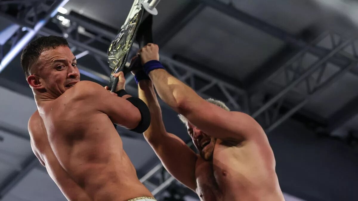 Joe Hendry and Ricky Saints at the top of the ladder in the 7-Man Ladder match for the NXT Championship on Fabruary 3 on NXT