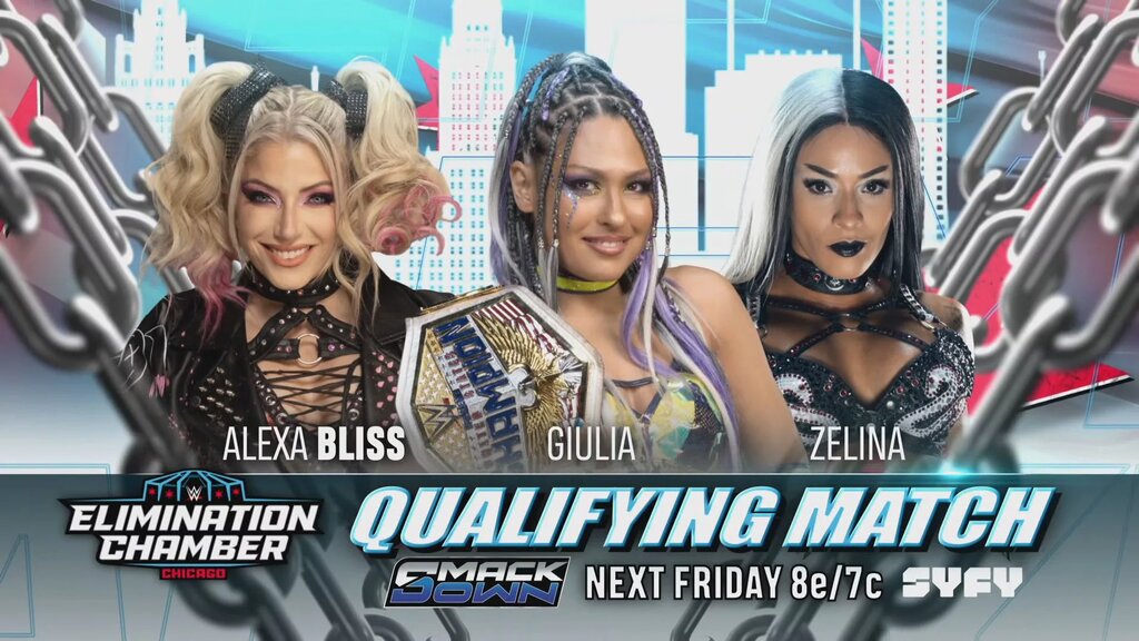A WWE SmackDown graphic featuring Elimination Chamber would-be qualifiers Alexa Bliss, Giulia, and Zelina.