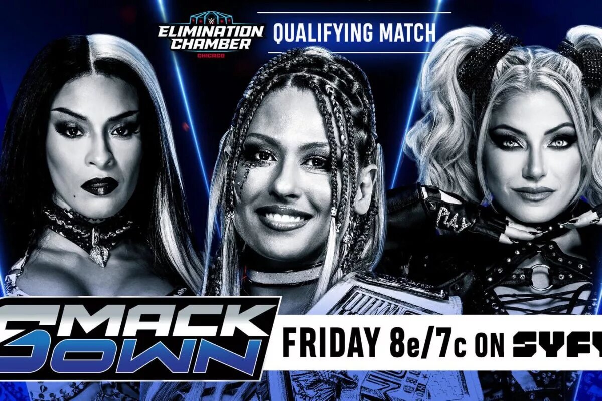 A WWE SmackDown graphic featuring Elimination Chamber would-be qualifiers Alexa Bliss, Giulia, and Zelina.