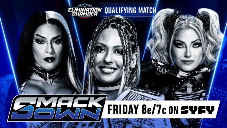 A WWE SmackDown graphic featuring Elimination Chamber would-be qualifiers Alexa Bliss, Giulia, and Zelina.