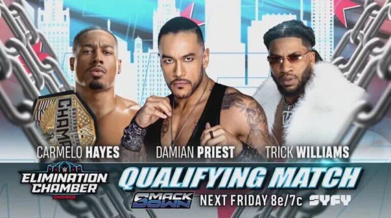 A graphic for the WWE SmackDown preview for February 20, 2026, featuring several WWE Elimination Chamber 2026 qualifiers.