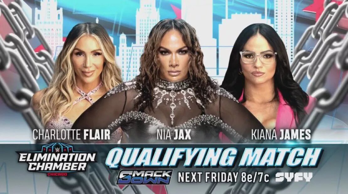A WWE SmackDown results graphic for February 20, 2026, one week away from WWE Elimination Chamber 2026.