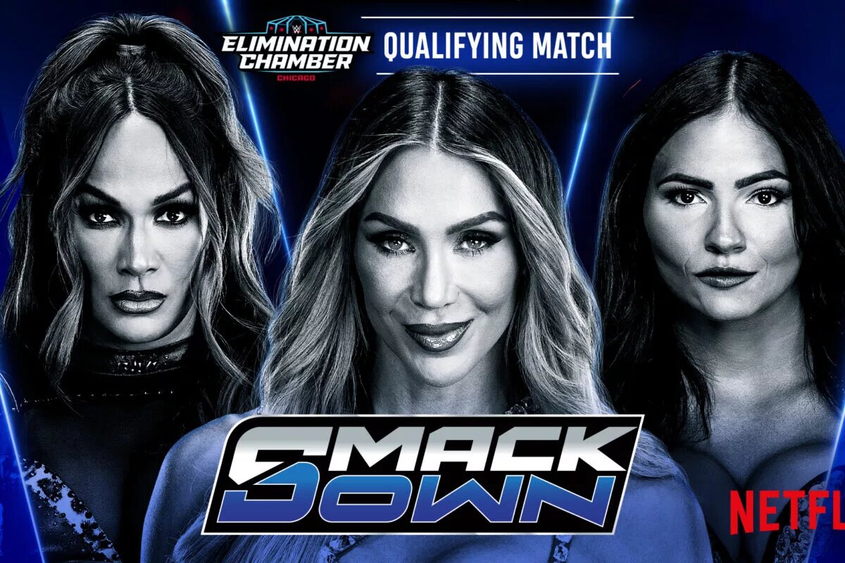 A graphic for the WWE SmackDown preview for February 20, 2026, featuring several WWE Elimination Chamber 2026 qualifiers.