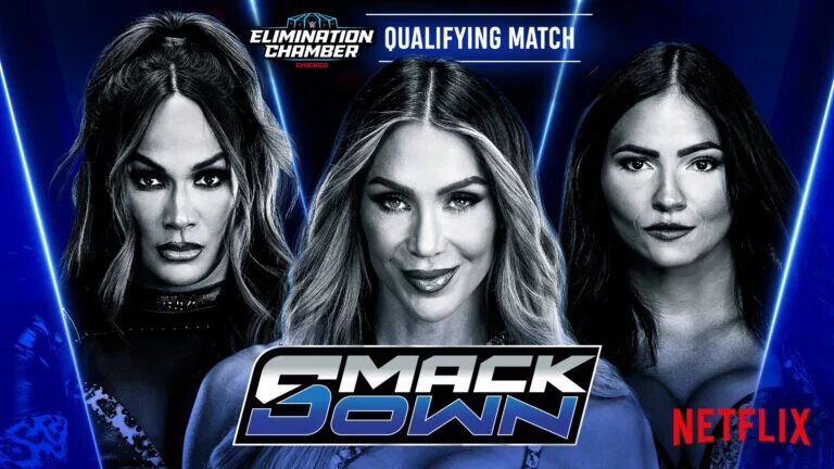 A graphic for the WWE SmackDown preview for February 20, 2026, featuring several WWE Elimination Chamber 2026 qualifiers.