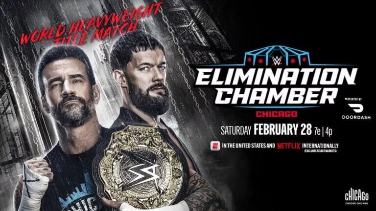 A graphic of the WWE Elimination Chamber 2026 preview and match card article, happening on February 28, 2026 in Chicago, Illinois.