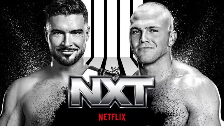 An NXT graphic featuring #AndNEW North American Champion Myles Borne and Ethan Page.