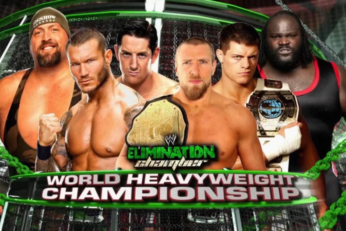 A graphic of the WWE Elimination Chamber.