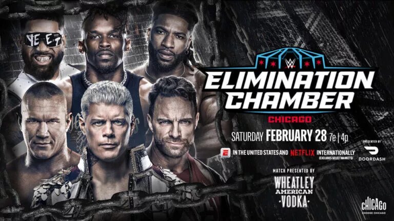 A 2026 WWE Elimination Chamber graphic for the Men's Match, with a guaranteed shot at WrestleMania 42, featuring Cody Rhodes, Jey Uso, LA Knight, Randy Orton, Trick Williams, and Je'Von Evans, with Seth Rollins returning.