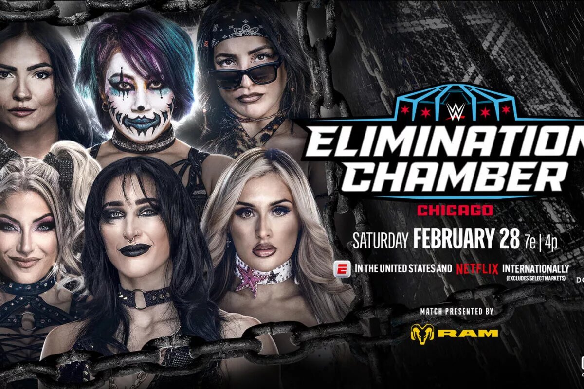 A 2026 WWE Elimination Chamber graphic for the Men's Match, with a guaranteed shot at WrestleMania 42, featuring Asuka, IYO SKY, Rhea Ripley, Alexa Bliss, Raquel Rodriguez, and Kiana James.