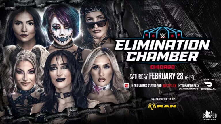 A 2026 WWE Elimination Chamber graphic for the Men's Match, with a guaranteed shot at WrestleMania 42, featuring Asuka, IYO SKY, Rhea Ripley, Alexa Bliss, Raquel Rodriguez, and Kiana James.