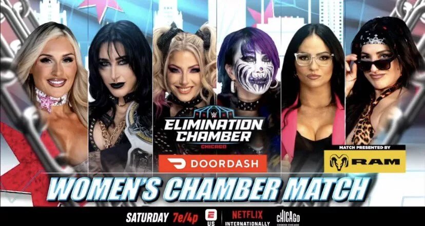 A 2026 WWE Elimination Chamber graphic for the Men's Match, with a guaranteed shot at WrestleMania 42, featuring Asuka, IYO SKY, Rhea Ripley, Alexa Bliss, Raquel Rodriguez, and Kiana James.