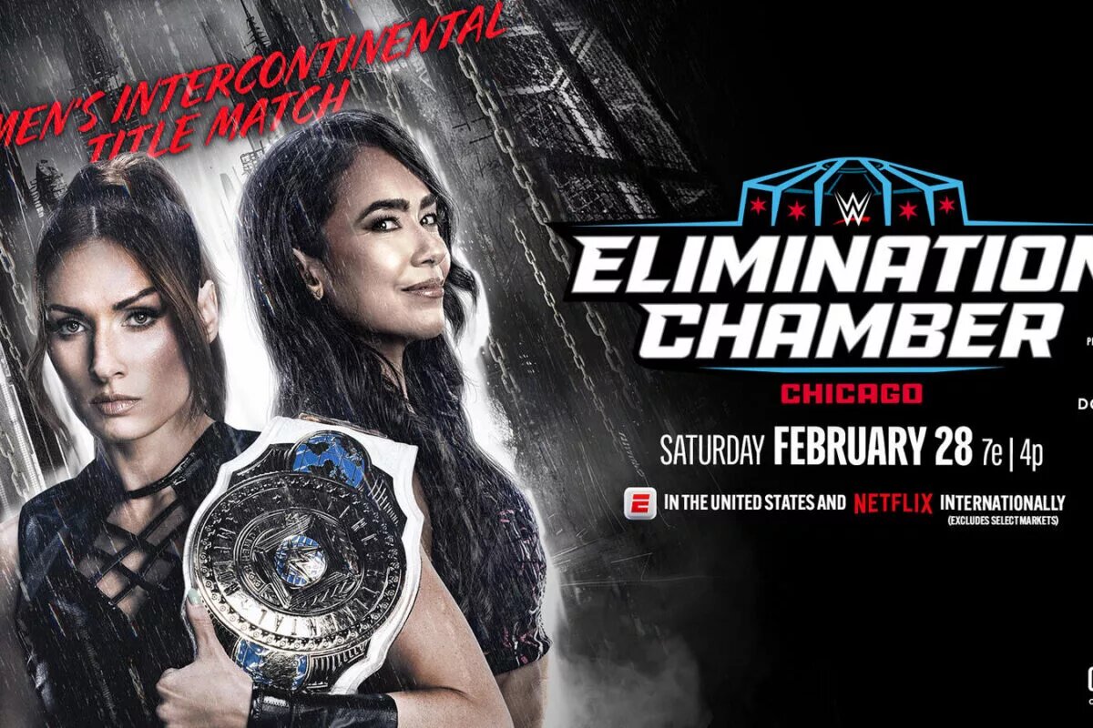 A WWE Elimination Chamber 2026 in Chicago poster featuring AJ Lee and Becky Lynch.