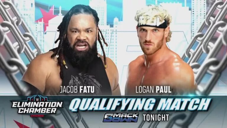 A WWE SmackDown graphic for the WWE Elimination Chamber 2026 qualifier featuring Logan Paul and Jacob Fatu.