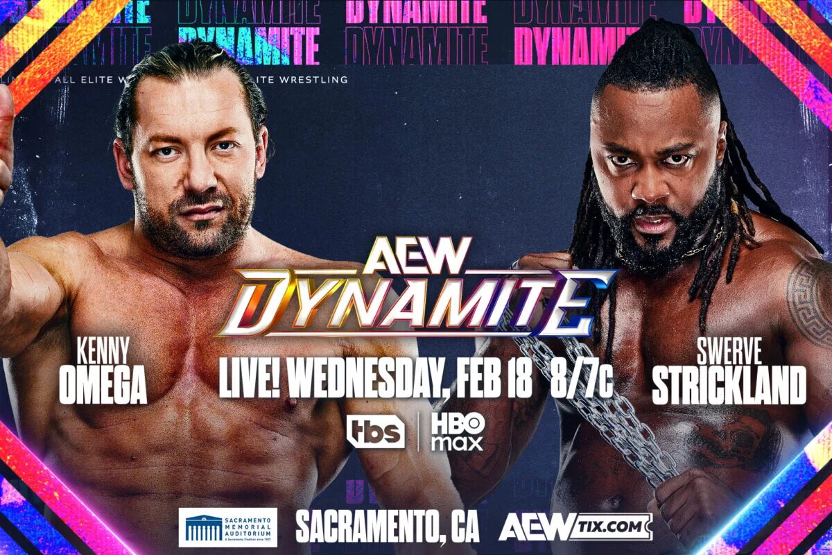 An AEW Dynamite preview graphic for February 18, 2026 featuring Kenny Omega and Swerve Strickland.