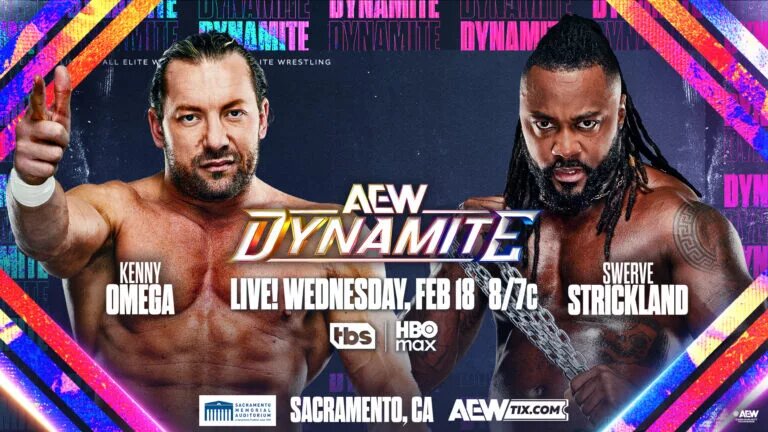 An AEW Dynamite preview graphic for February 18, 2026 featuring Kenny Omega and Swerve Strickland.