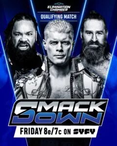 A WWE SmackDown graphic featuring Cody Rhodes, Jacob Fatu, Sami Zayn in an Elimination Chamber qualifying match.