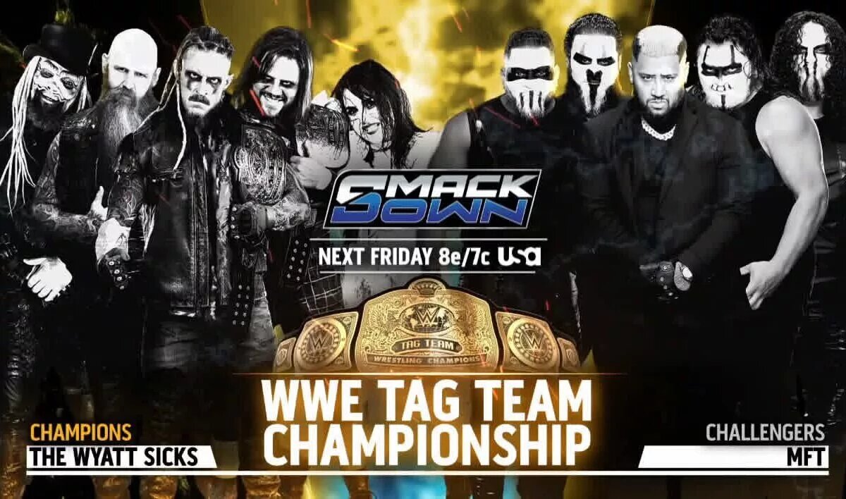 A WWE SmackDown graphic featuring MFT and The Wyatt Sicks.