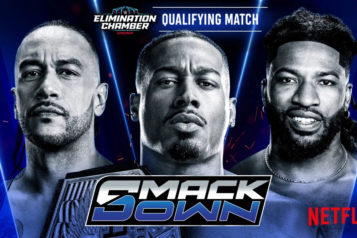 A graphic for the WWE SmackDown preview for February 20, 2026, featuring several WWE Elimination Chamber 2026 qualifiers.