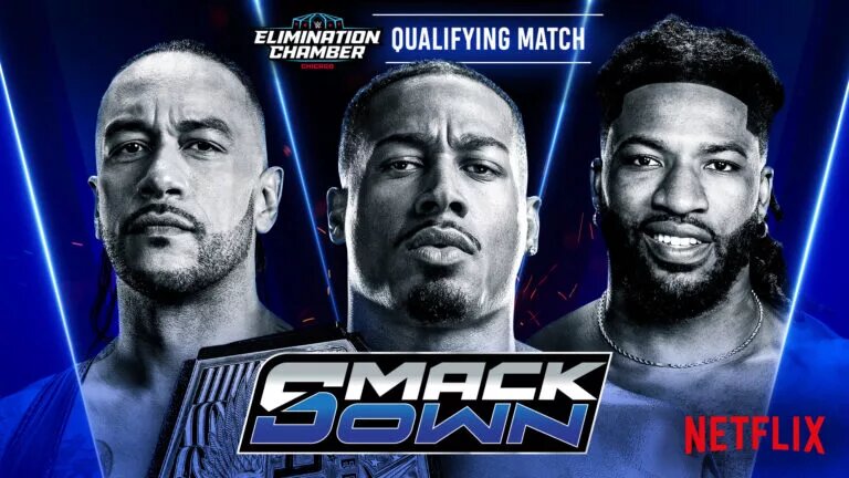 A graphic for the WWE SmackDown preview for February 20, 2026, featuring several WWE Elimination Chamber 2026 qualifiers.
