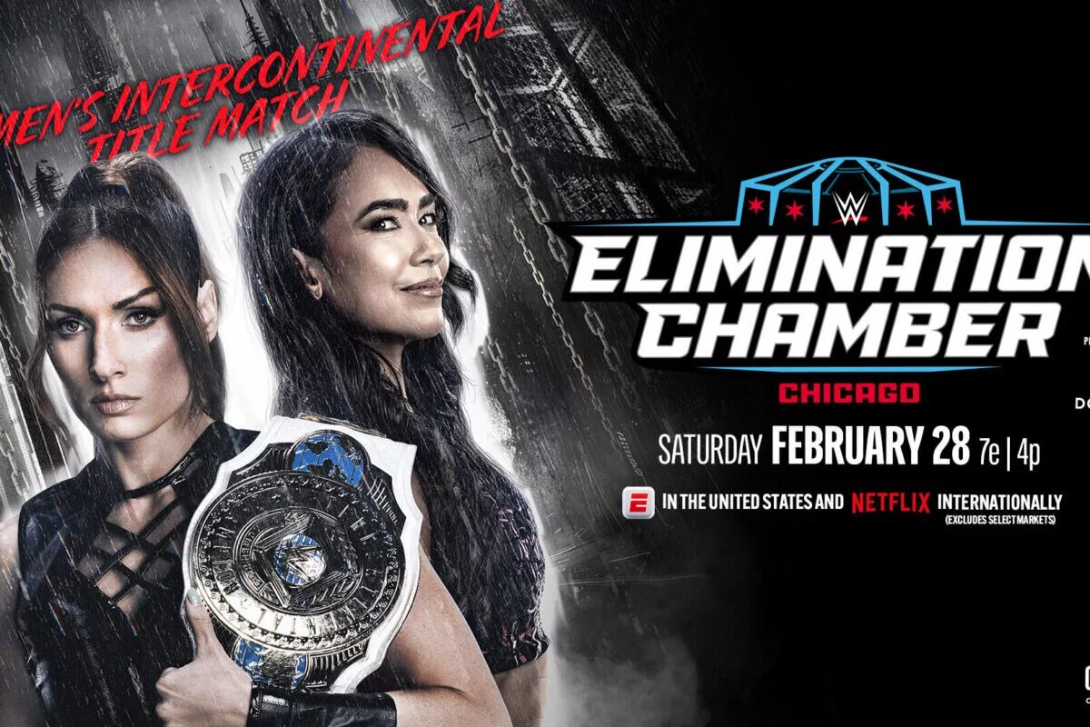 A graphic of the WWE Elimination Chamber 2026 preview and match card article, happening on February 28, 2026 in Chicago, Illinois.