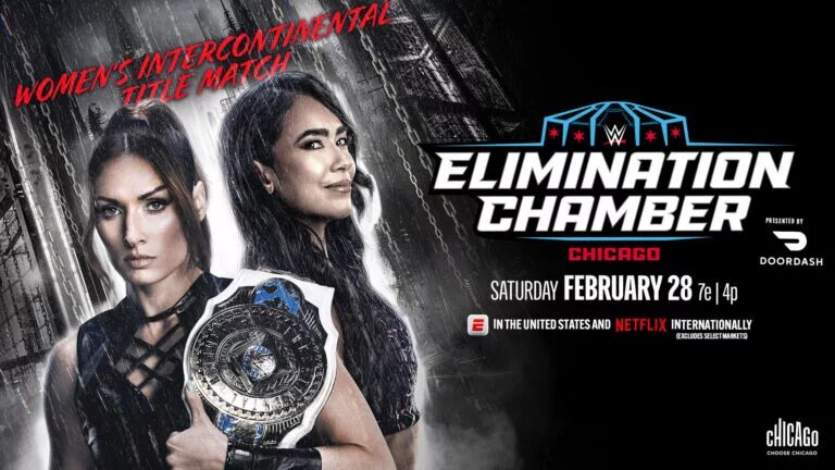A graphic of the WWE Elimination Chamber 2026 preview and match card article, happening on February 28, 2026 in Chicago, Illinois.