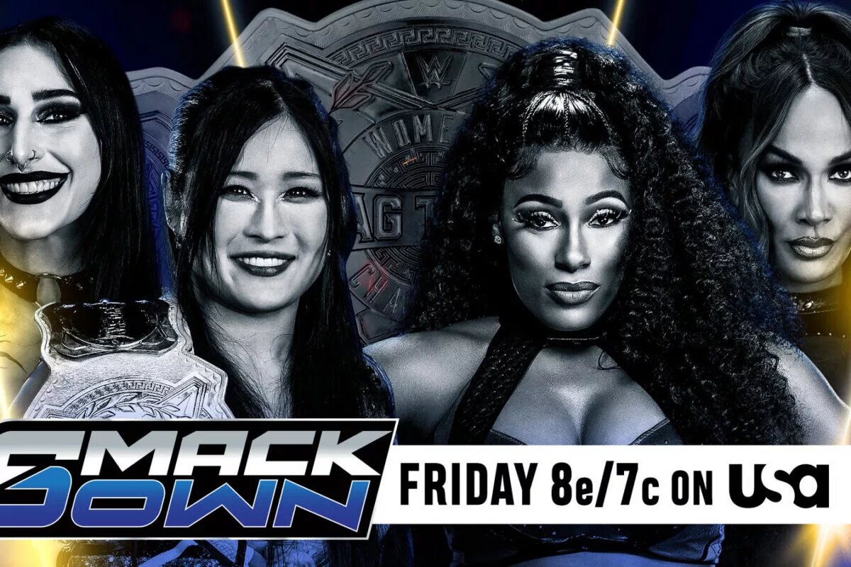 A WWE SmackDown results graphic for February 27, 2026, ahead of WWE Elimination Chamber 2026 in Chicago featuring Nia Jax and Lash Legend.