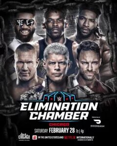 A 2026 WWE Elimination Chamber graphic for the Men's Match, with a guaranteed shot at WrestleMania 42, featuring Cody Rhodes, Jey Uso, LA Knight, Randy Orton, Trick Williams, and Je'Von Evans.