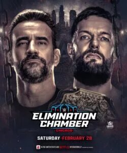 A WWE Elimination Chamber graphic featuring Finn Balor and CM Punk.