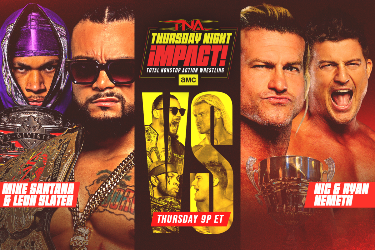 A graphic of the preview of the February 26 episode of TNA Thursday Night iMPACT. Mike Santana and Leon SLater face the Nemeth brothers
