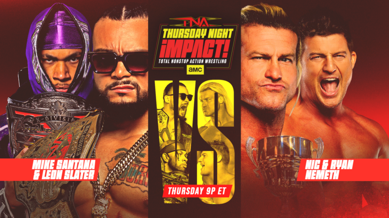 A graphic of the preview of the February 26 episode of TNA Thursday Night iMPACT. Mike Santana and Leon SLater face the Nemeth brothers