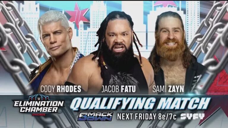 A WWE SmackDown graphic featuring Cody Rhodes, Jacob Fatu, Sami Zayn in an Elimination Chamber qualifying match.