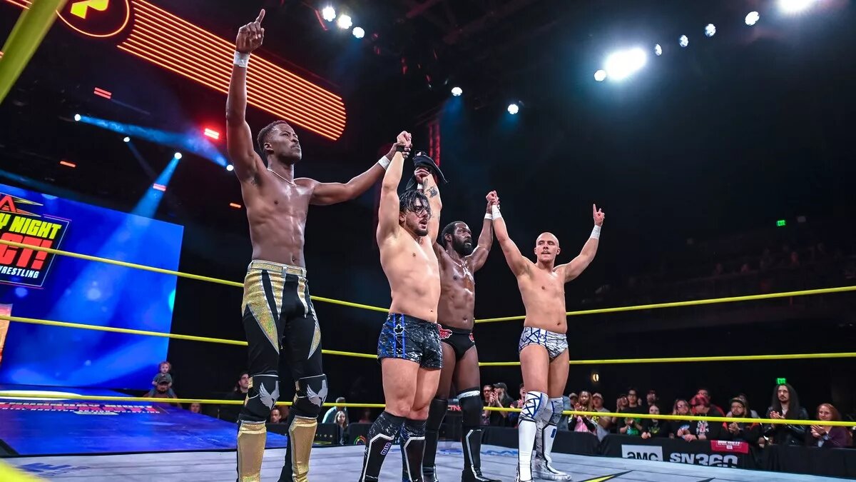 Sinner and Saint, BDE and Rich Swann after their match on the February 19 edition of TNA Thursday Night iMPACT