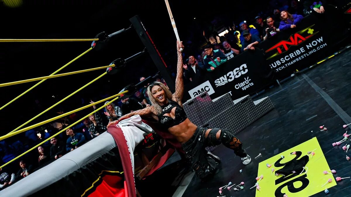 Mara Sadé in a sea of lollipops and kendo stick, on the February 12 edition of TNA Thursday Night iMPACT