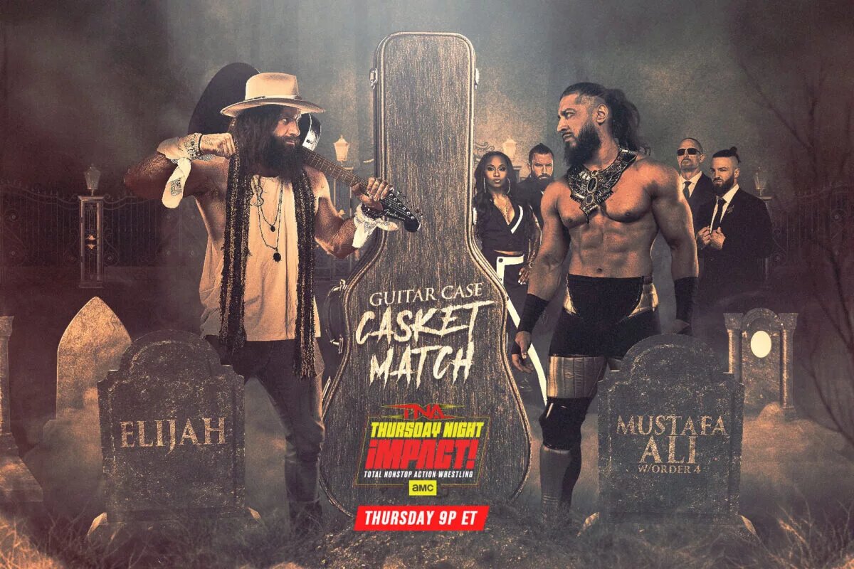 A graphic of the Guitar Casket match on the February 19 episode of TNA Thursday Night iMPACT