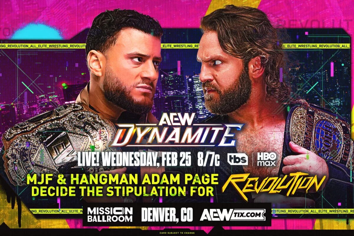 AEW Dynamite Graphic of NJF and Hangman Adam Page to decide their stipulation at AEW Revolution