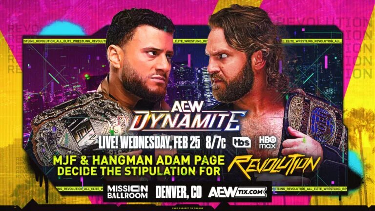 AEW Dynamite Graphic of NJF and Hangman Adam Page to decide their stipulation at AEW Revolution