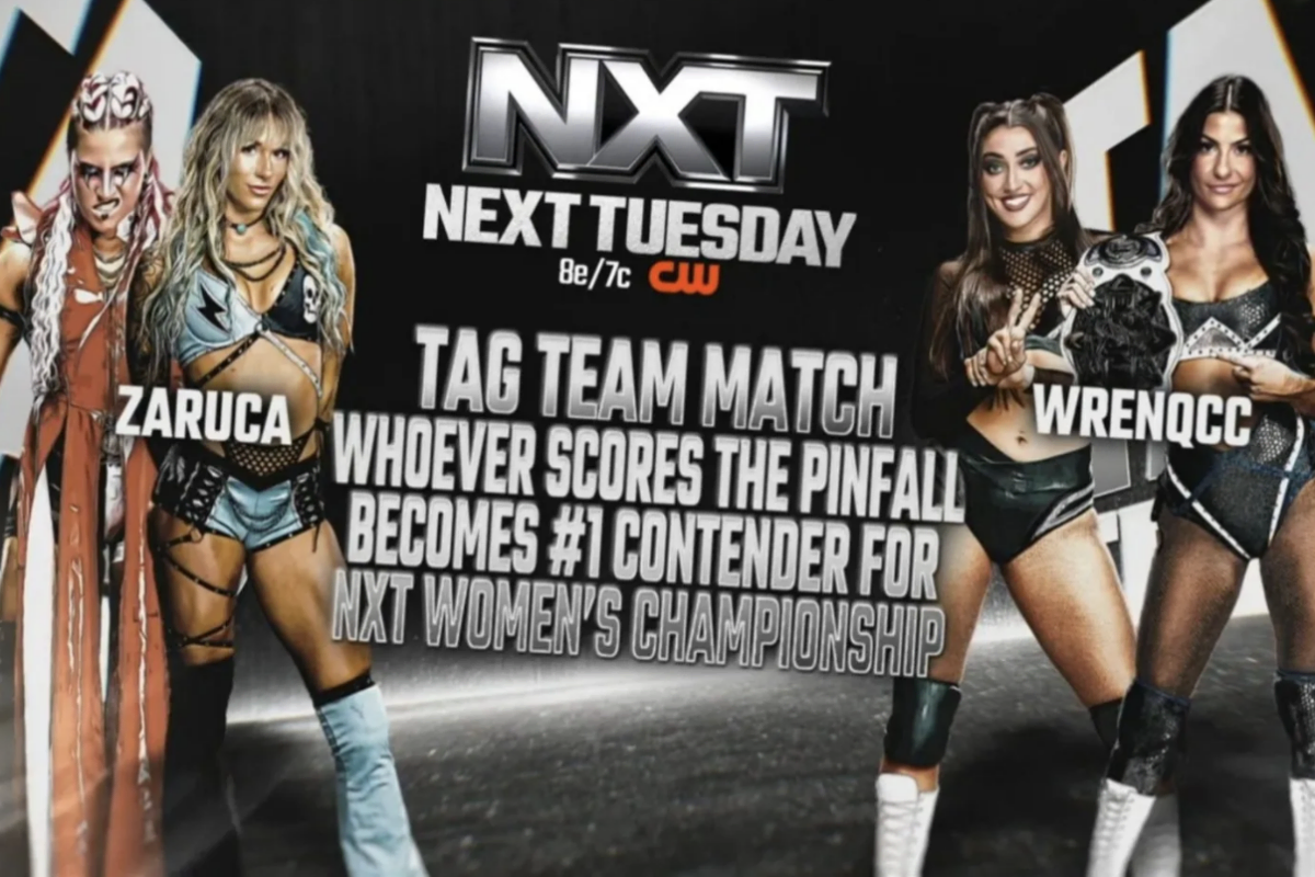 WWE NXT Match Graphic for ZaRuca vs. WrenQCC whichever woman gets the pinfall will be the number one contener for the NXT Women's Championship