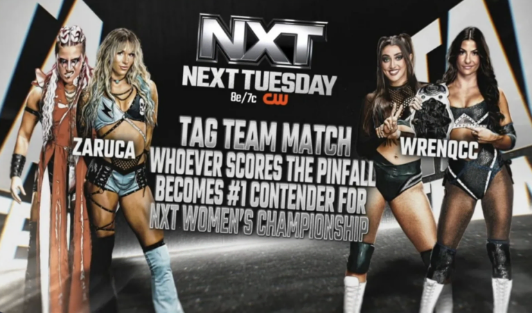 WWE NXT Match Graphic for ZaRuca vs. WrenQCC whichever woman gets the pinfall will be the number one contener for the NXT Women's Championship