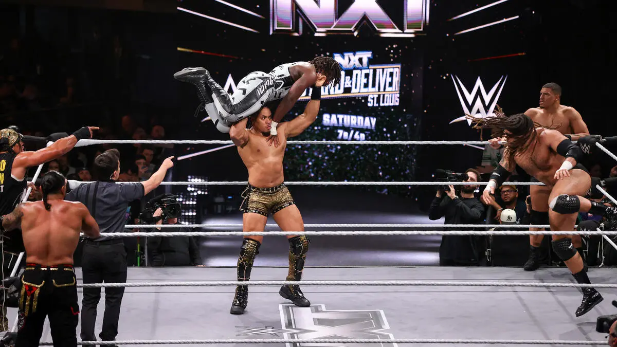 A graphic of the OTM and Mike Santana vs Darkstate match on the March 31, 2026 episode of NXT
