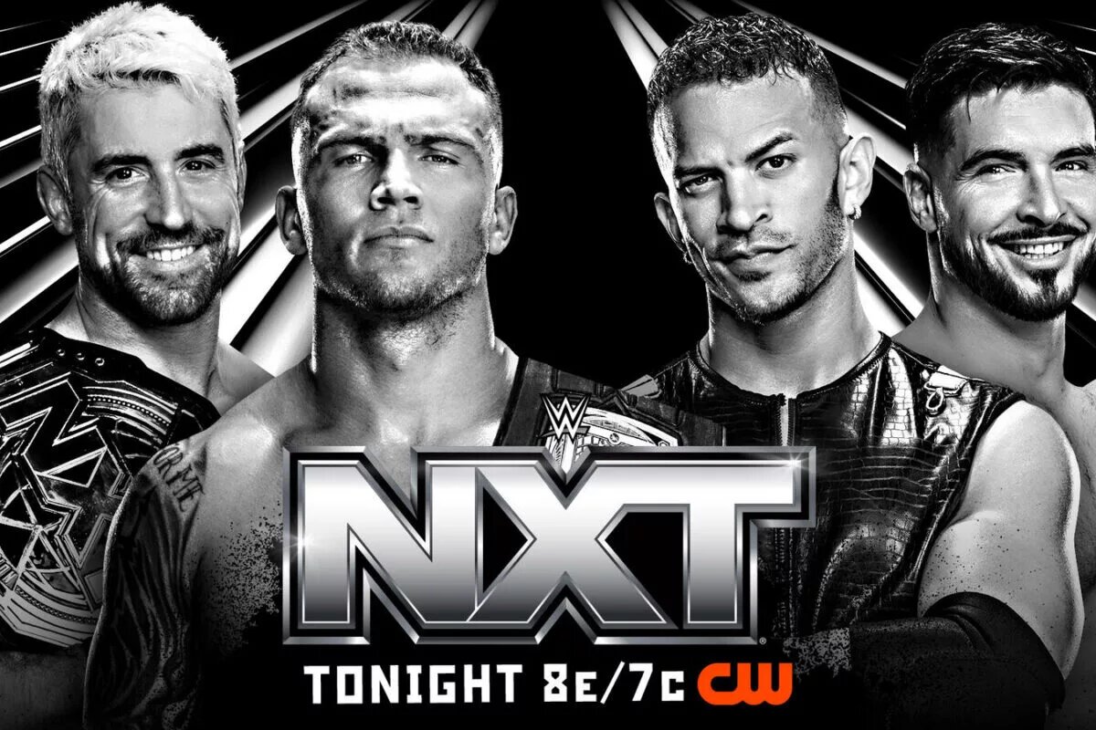 An NXT graphic featuring Ricky Saints, Myles Borne, Ethan Page, and Joe Hendy.
