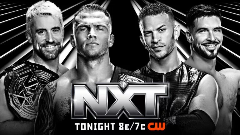 An NXT graphic featuring Ricky Saints, Myles Borne, Ethan Page, and Joe Hendy.