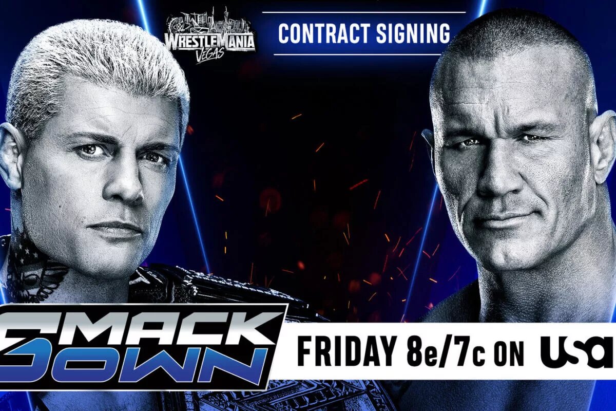 A graphic for the WWE SmackDown results for March 13, 2026 featuring Randy Orton and Cody Rhodes, WrestleMania 42 main-eventers.