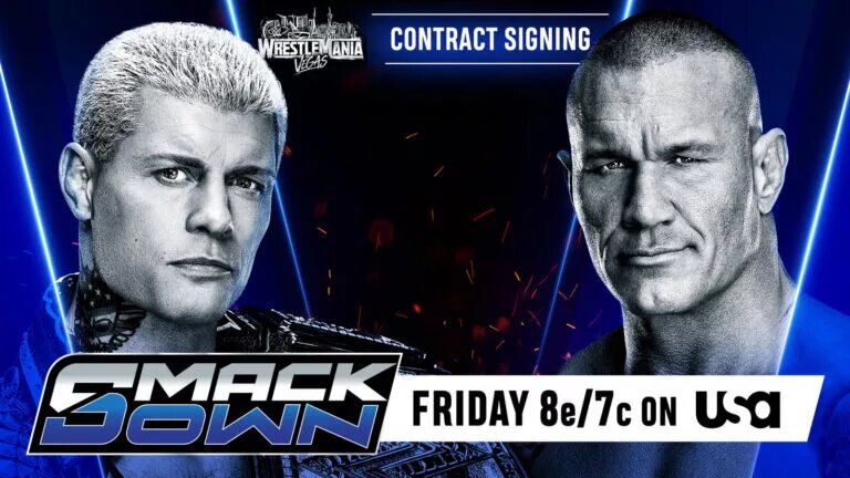 A graphic for the WWE SmackDown results for March 13, 2026 featuring Randy Orton and Cody Rhodes, WrestleMania 42 main-eventers.