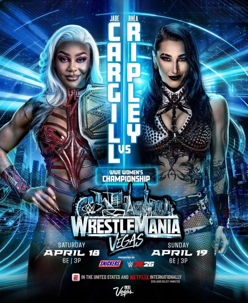 A WWE WrestleMania 42 graphic featuring Jade Cargill and Rhea Ripley.