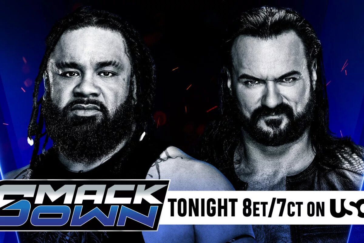 A graphic for WWE SmackDown featuring Jacob Fatu and Drew McIntyre, who'll be facing off against each other at WWE WrestleMania 42.