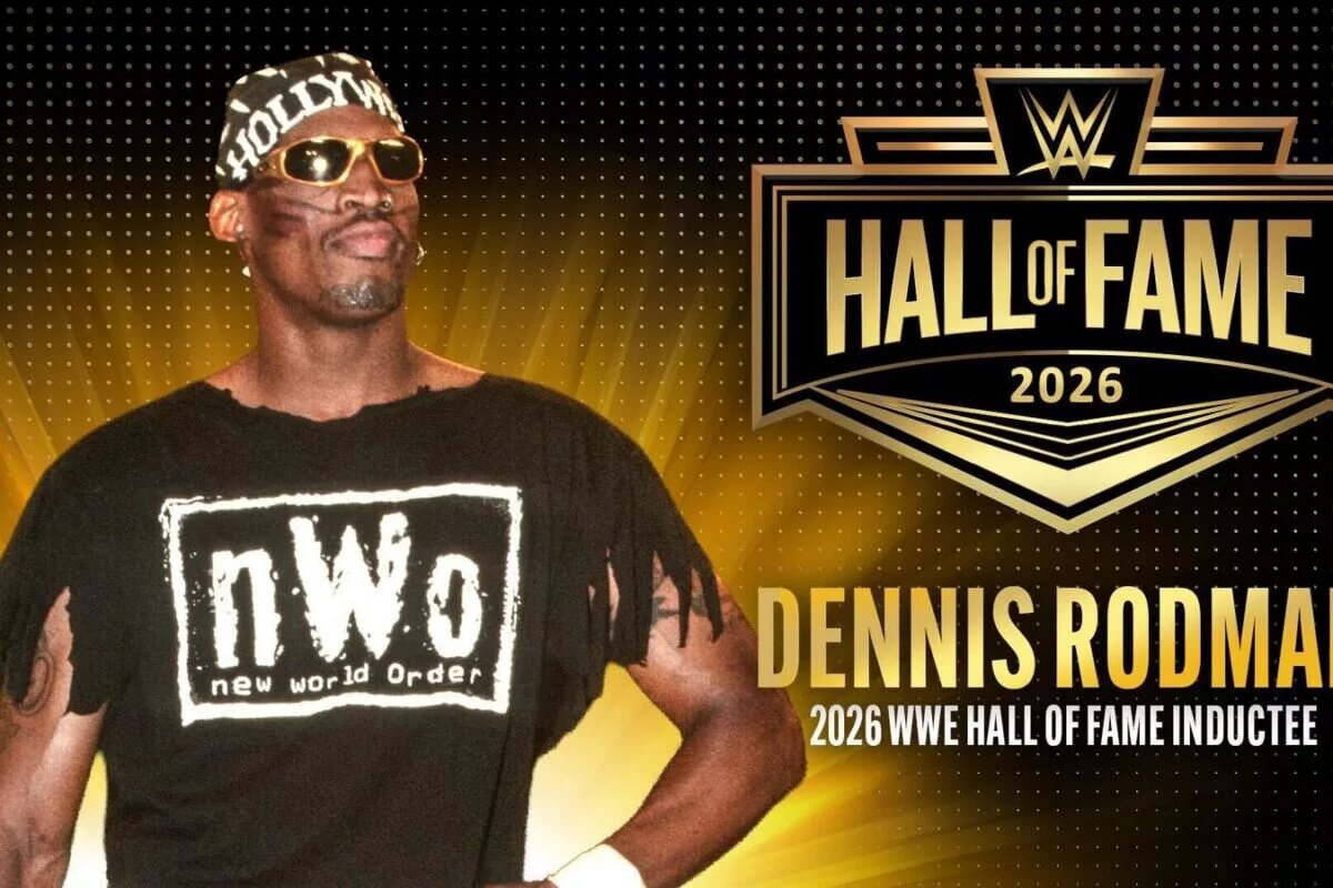 A 2026 WWE Hall of Fame graphic featuring Dennis Rodman.