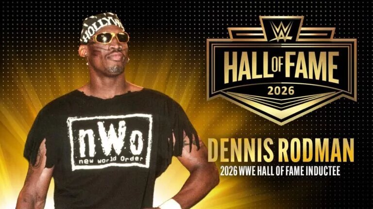 A 2026 WWE Hall of Fame graphic featuring Dennis Rodman.