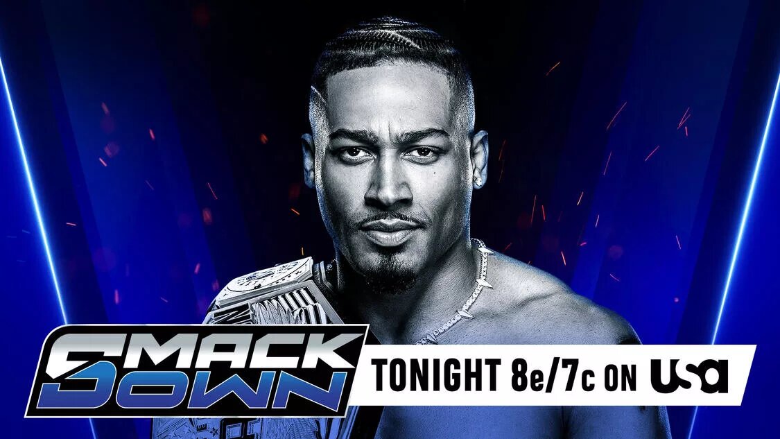 A WWE SmackDown graphic featuring Carmelo Hayes who battled Ilja Dragunov.